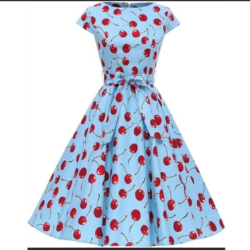 Women's Dress Retro Vintage Swing 1950's Short Sleeve Cherry Print